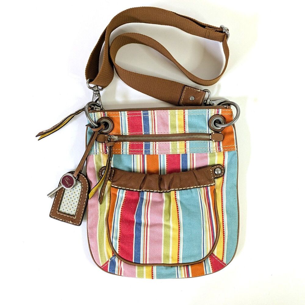 Fossil Key-Per Crossbody Shoulder Bag Multicolor Striped Cotton Leather Trim